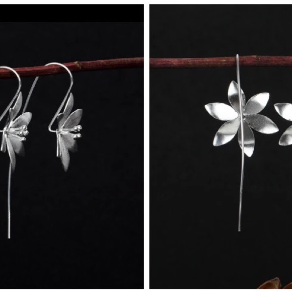 ◾️925 Sterling Silver Long Lotus Flower Drop Earrings - Picture 7 of 9
